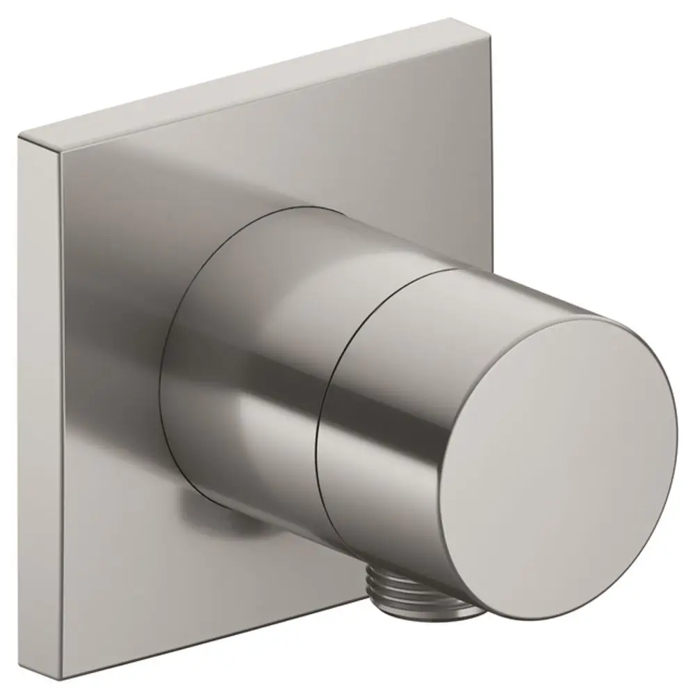 Eckiges Edelstahl-Absperrventil von Keuco mit Schlauchanschluss, montiert an einer Wandplatte in einem modernen Badezimmer-Design.